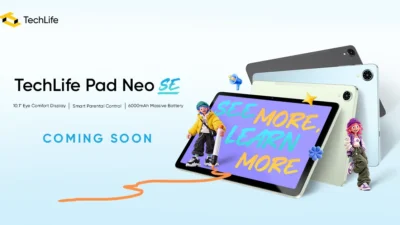 Official TechLife Pad Neo SE teaser artwork showing the tablet in three colorways