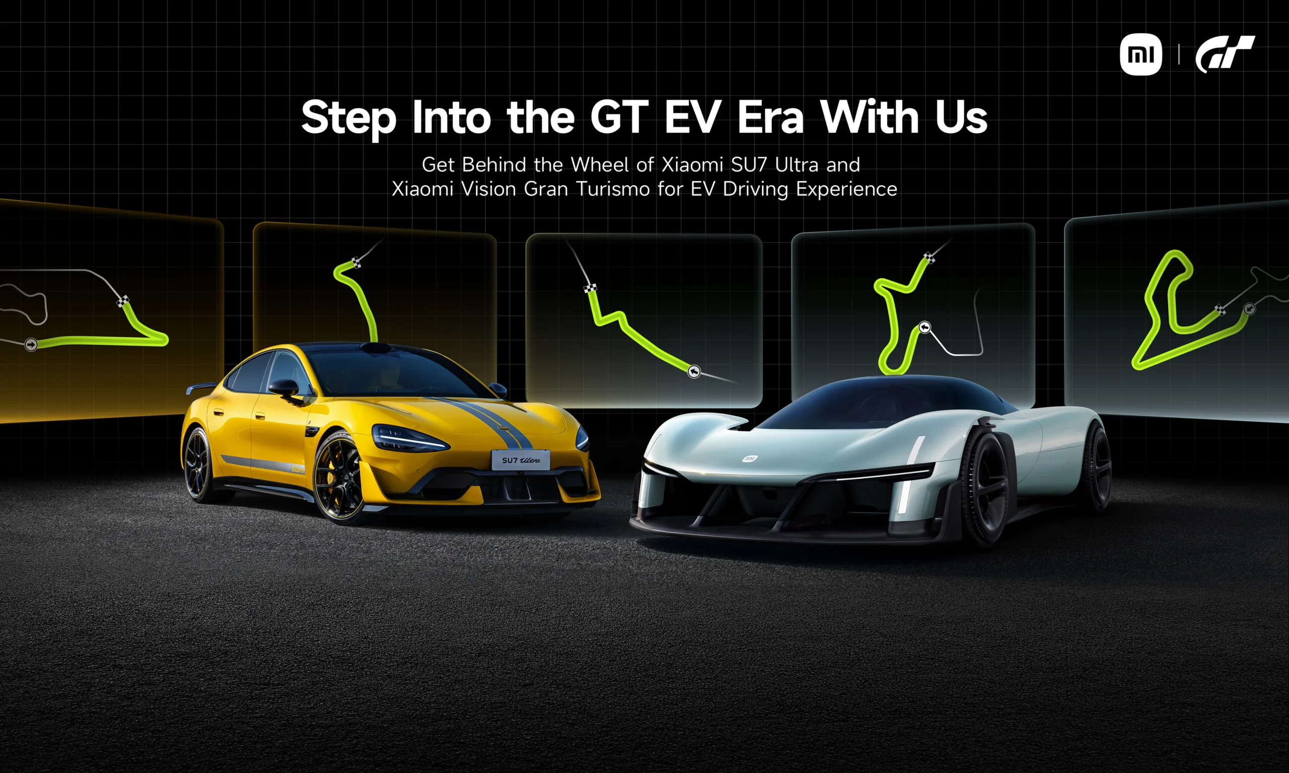 Gran Turismo 7 EV Driving Experience poster featuring the Xiaomi Vision GT and Xiaomi SU7 Ultra