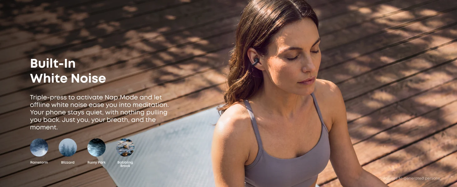 Anker soundcore AeroClip 2 Nap Mode with offline white noise options including rainstorm and babbling brook