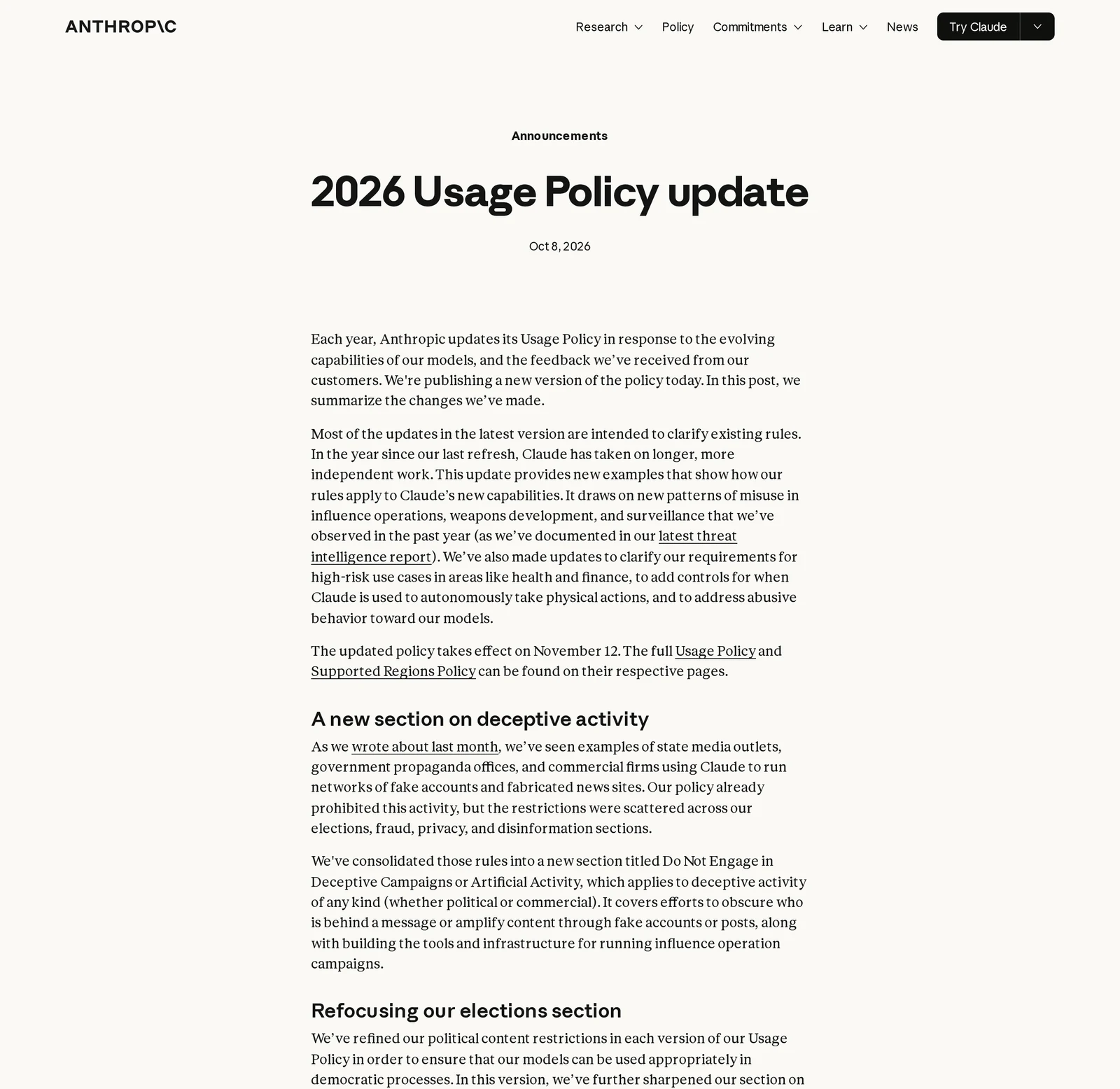 Anthropic's official 2026 Usage Policy update announcement, dated 8 October 2026, the page that introduced new rules on model abuse and misuse