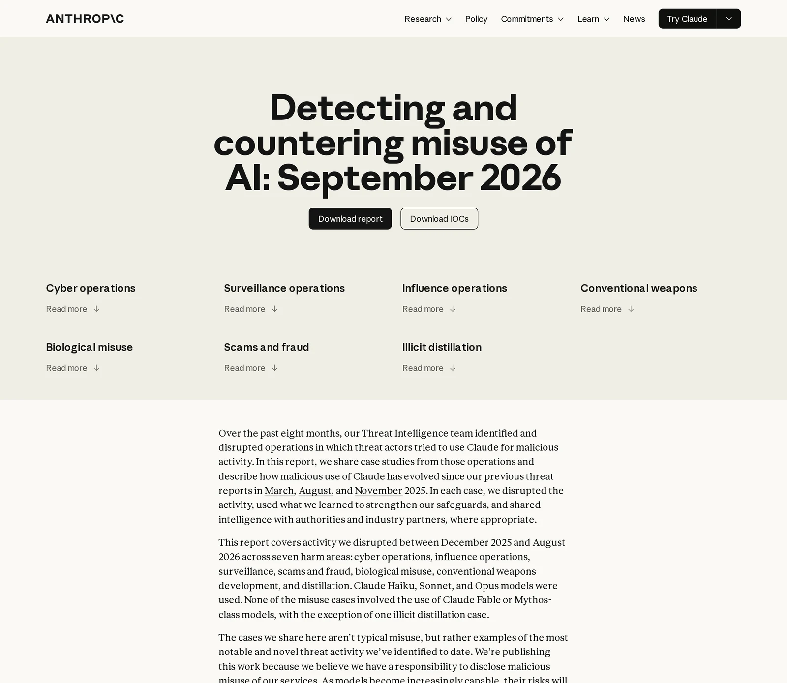 Anthropic's September 2026 threat intelligence report on detecting misuse of AI, the findings the usage policy update draws on