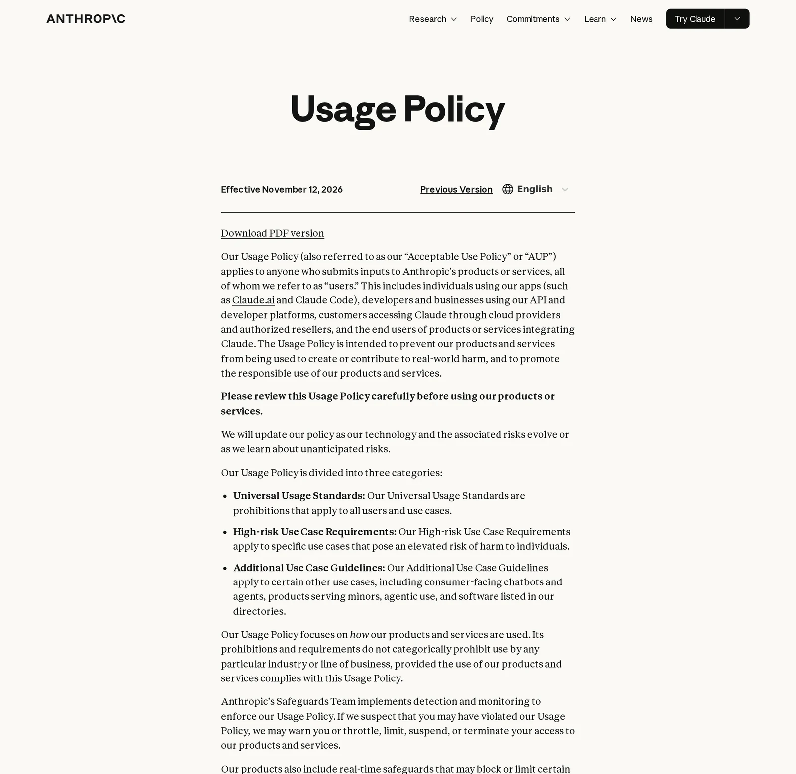 The updated Anthropic Usage Policy page showing its effective date of 12 November 2026 and its three categories of rules