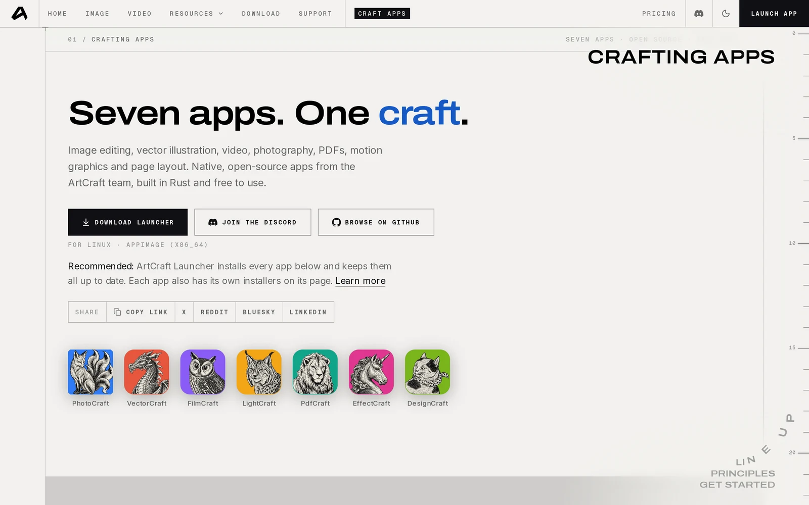 The ArtCraft craft apps page, headed Seven apps, listing its original open source tools for image editing, vector, video, photo, PDF, motion graphics and page layout