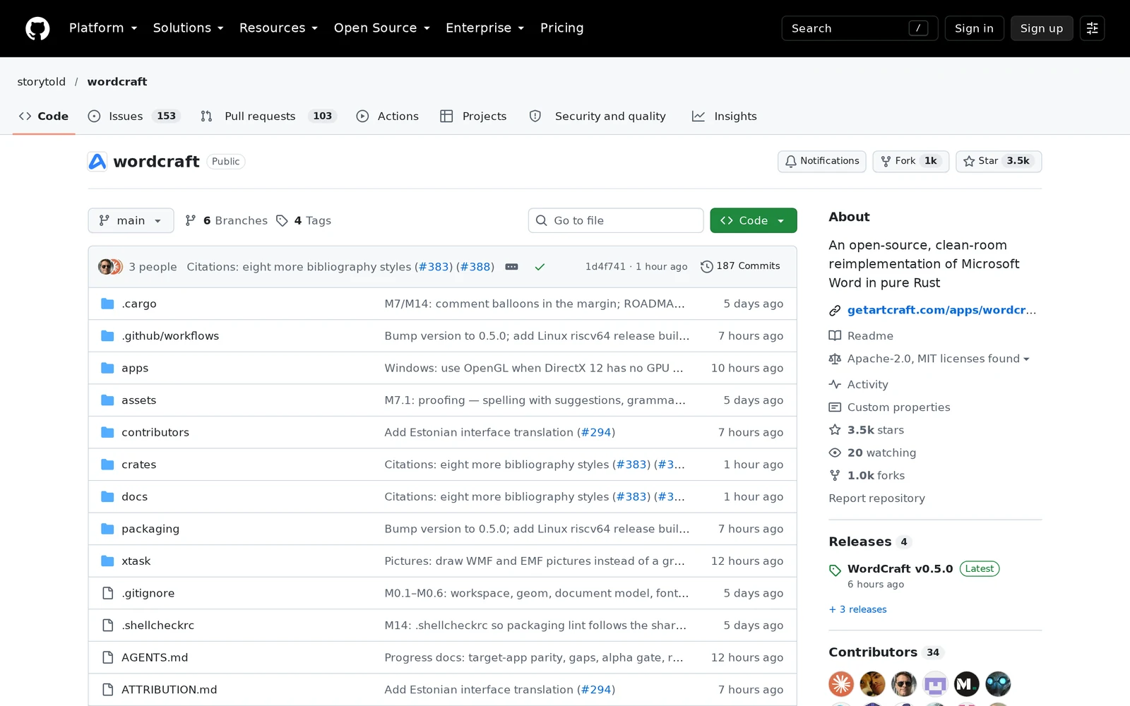 The storytold/wordcraft repository page on GitHub, one of five open source Office alternatives the studio published in Rust