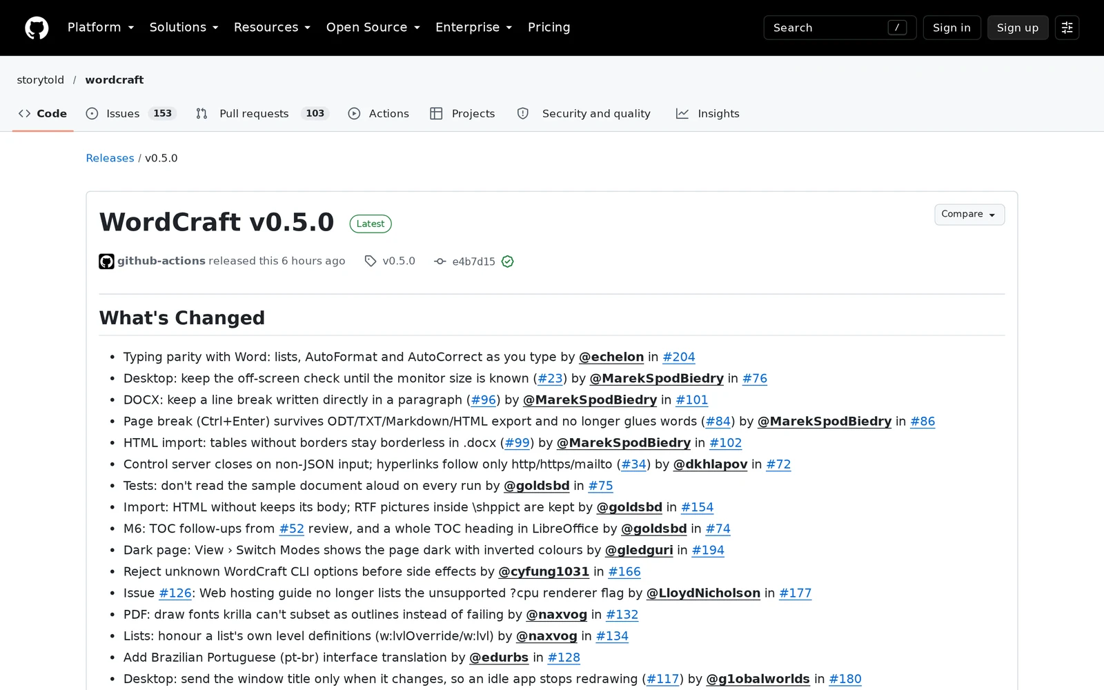 The v0.5.0 release page for the WordCraft repository, showing its What's Changed notes and marking v0.5.0 as the latest release
