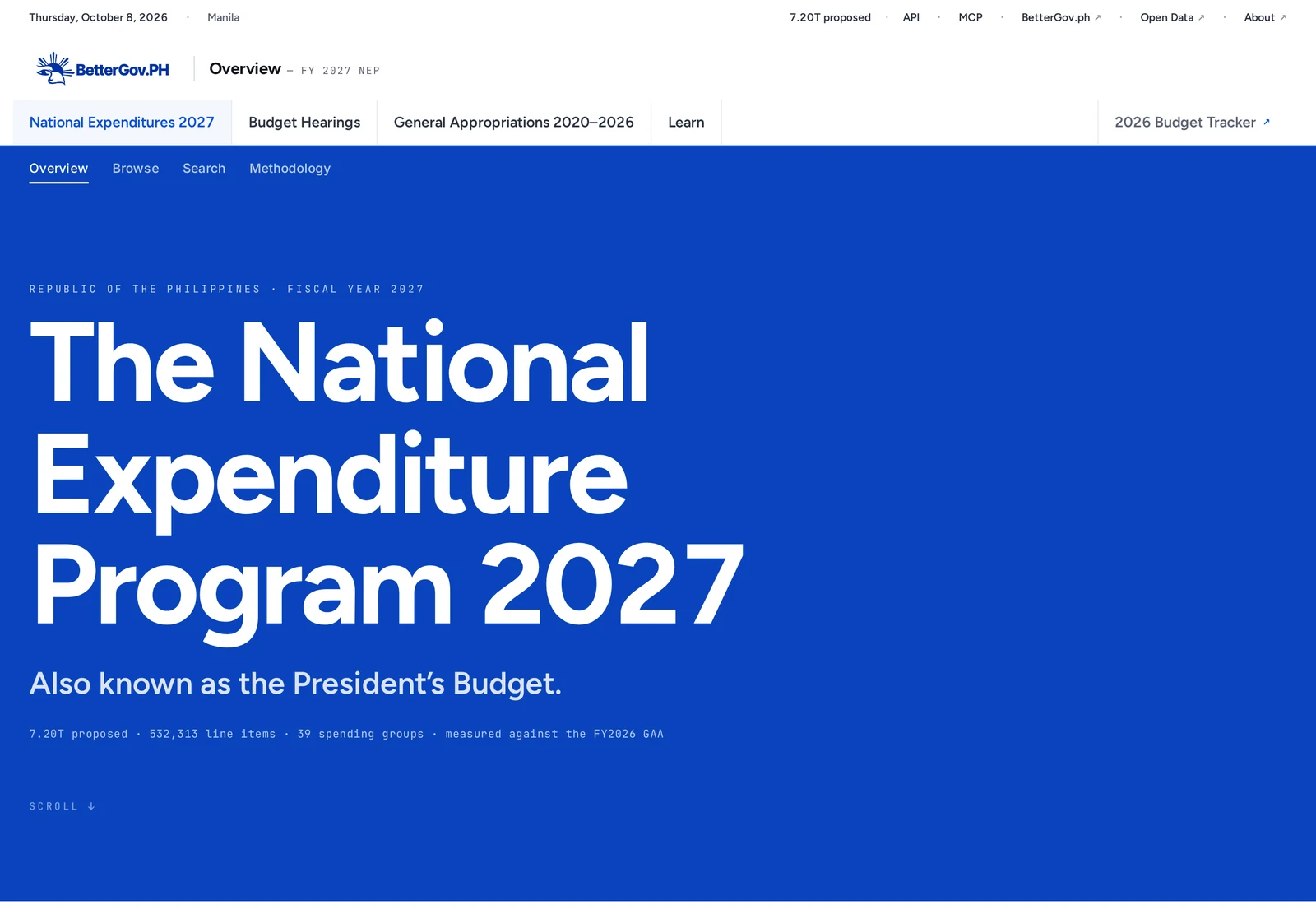 BetterGovPH Budget Transparency Portal showing the PhP7.20 trillion 2027 National Expenditure Program and 532,313 line items that House insertions are measured against