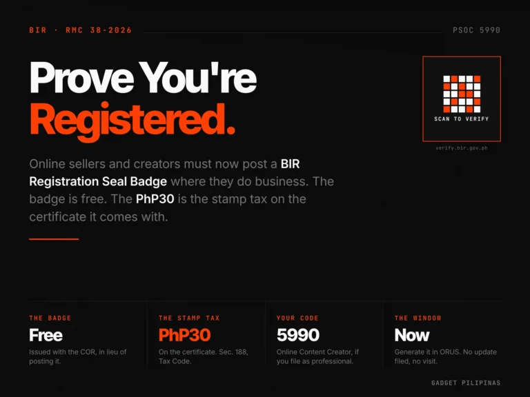 BIR Registration Seal Badge featured card: online sellers and content creators must post the badge, free from the BIR, with a PhP30 documentary stamp tax on the certificate