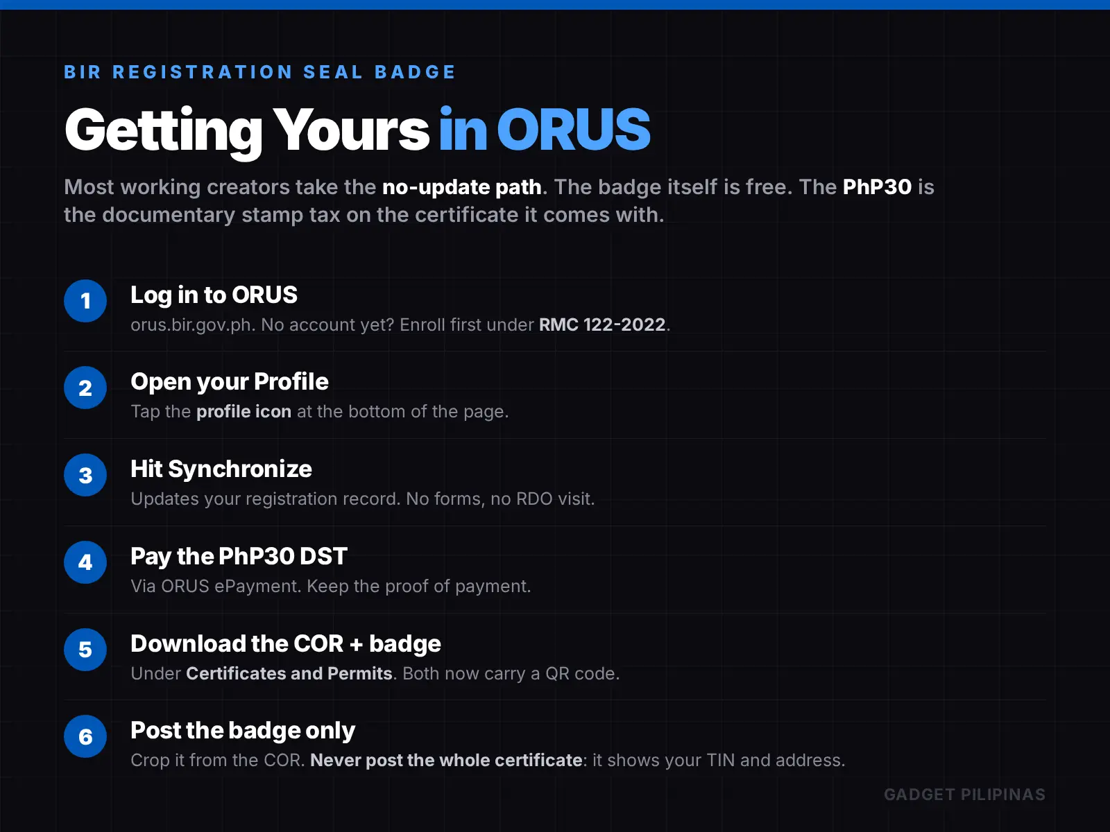Steps to generate the BIR Registration Seal Badge in ORUS