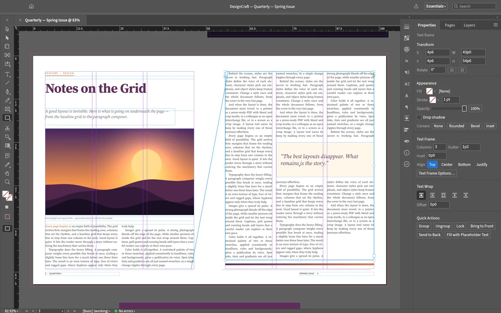 DesignCraft page layout software showing a threaded three-column magazine spread with a wrapped pull quote