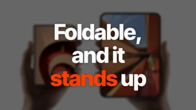 Featured card reading 'Foldable, and it stands up' over a photo of the iPhone Duo held folded and opened