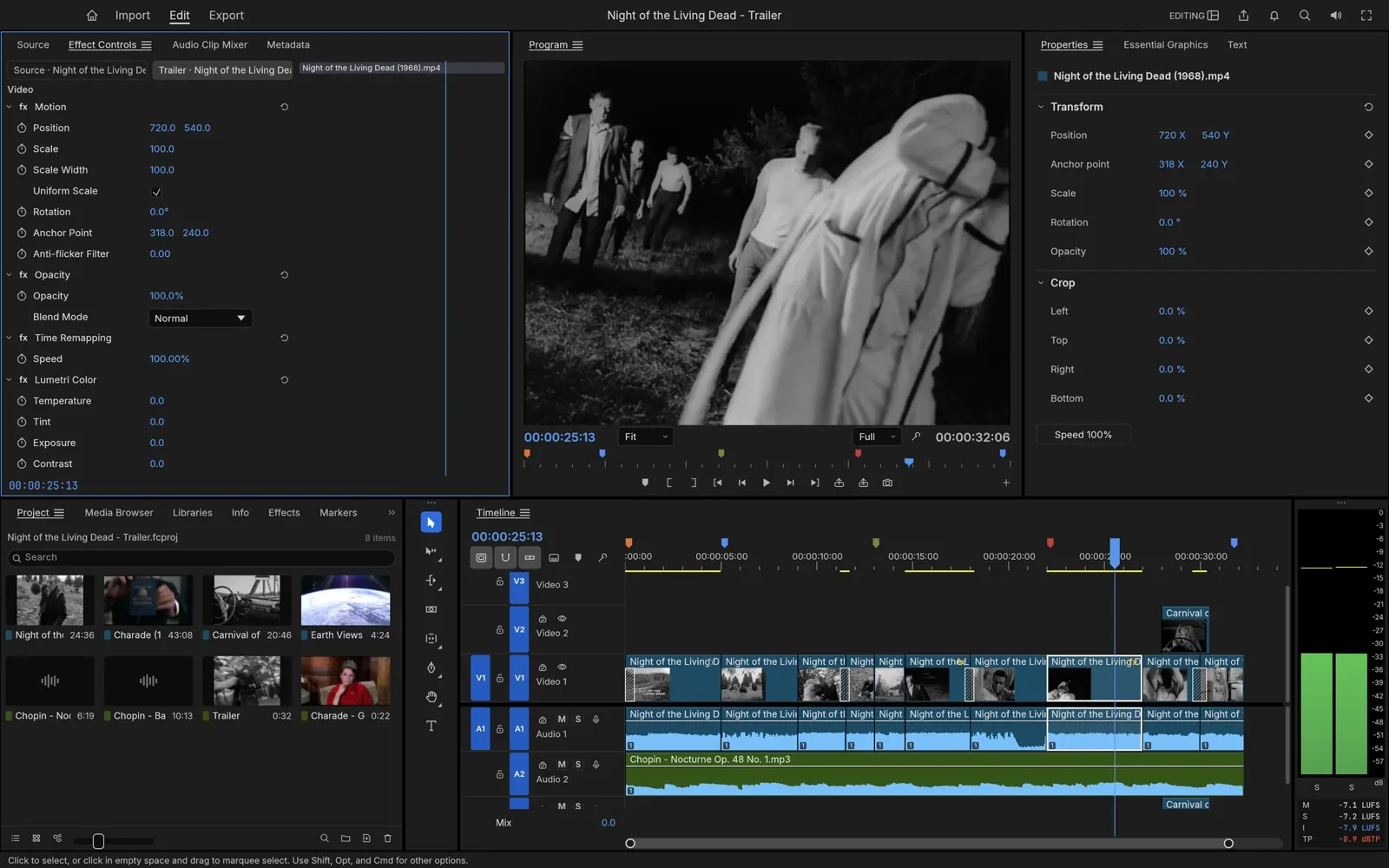FilmCraft video editor with a multi-track timeline, program monitor and color controls mirroring Adobe Premiere Pro
