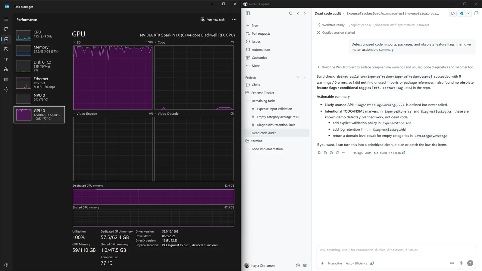Local AI on RTX Spark running in GitHub Copilot with the GPU holding about 57GB