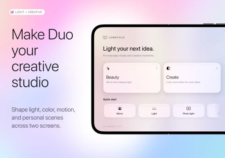 LumaFold iPhone Duo app home screen showing Beauty and Create modes