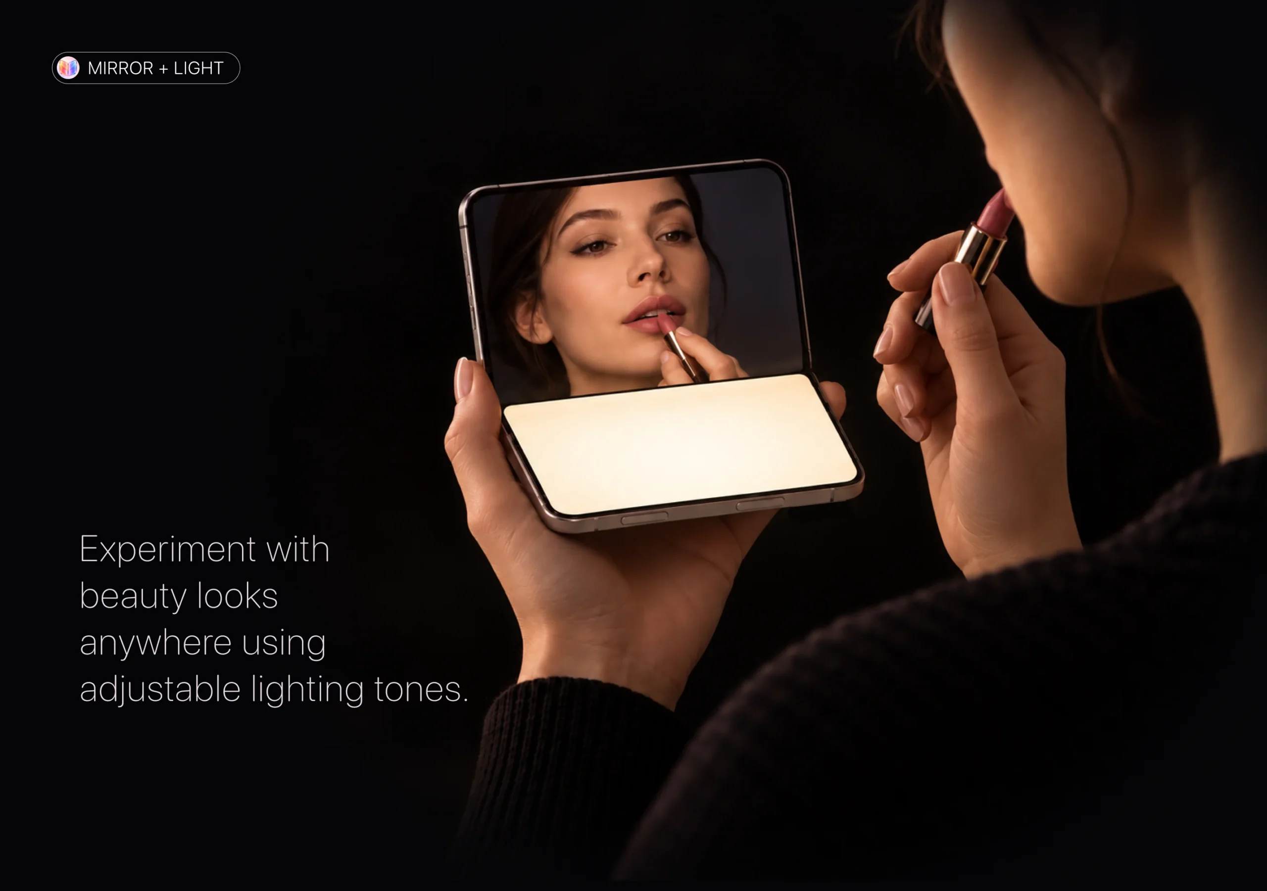 Applying lipstick with the mirror and light mode in the LumaFold iPhone Duo app