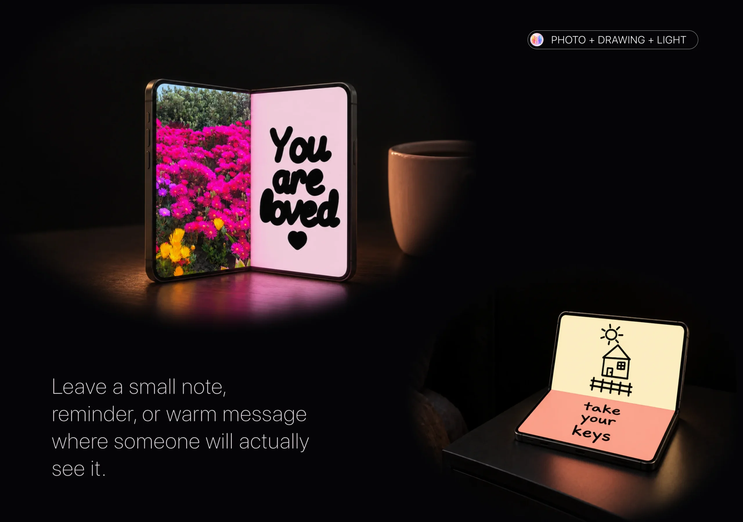 LumaFold photo and drawing mode with a handwritten note on the iPhone Duo screen