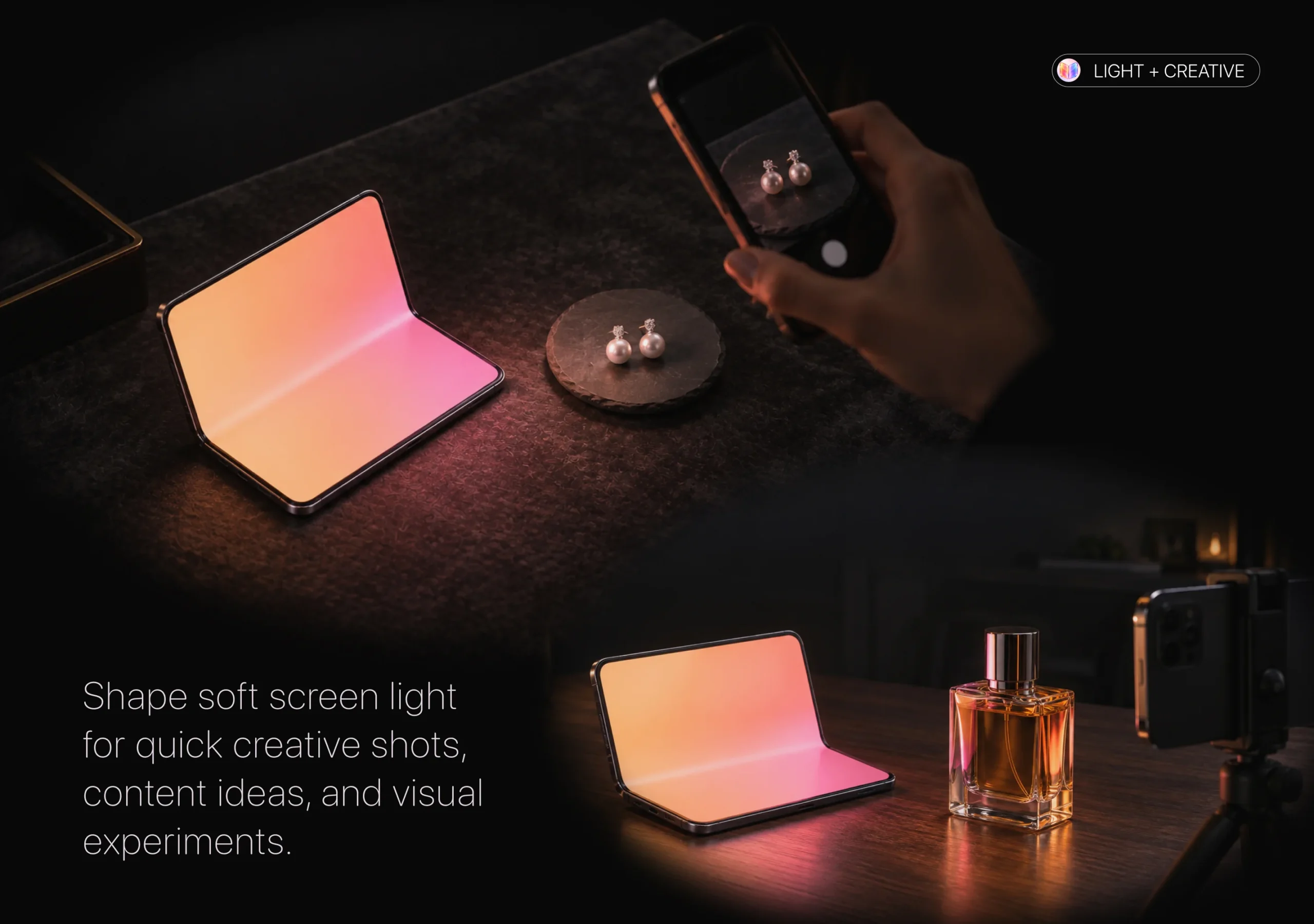 iPhone Duo screen used as a colored fill light for photographing jewelry and a perfume bottle