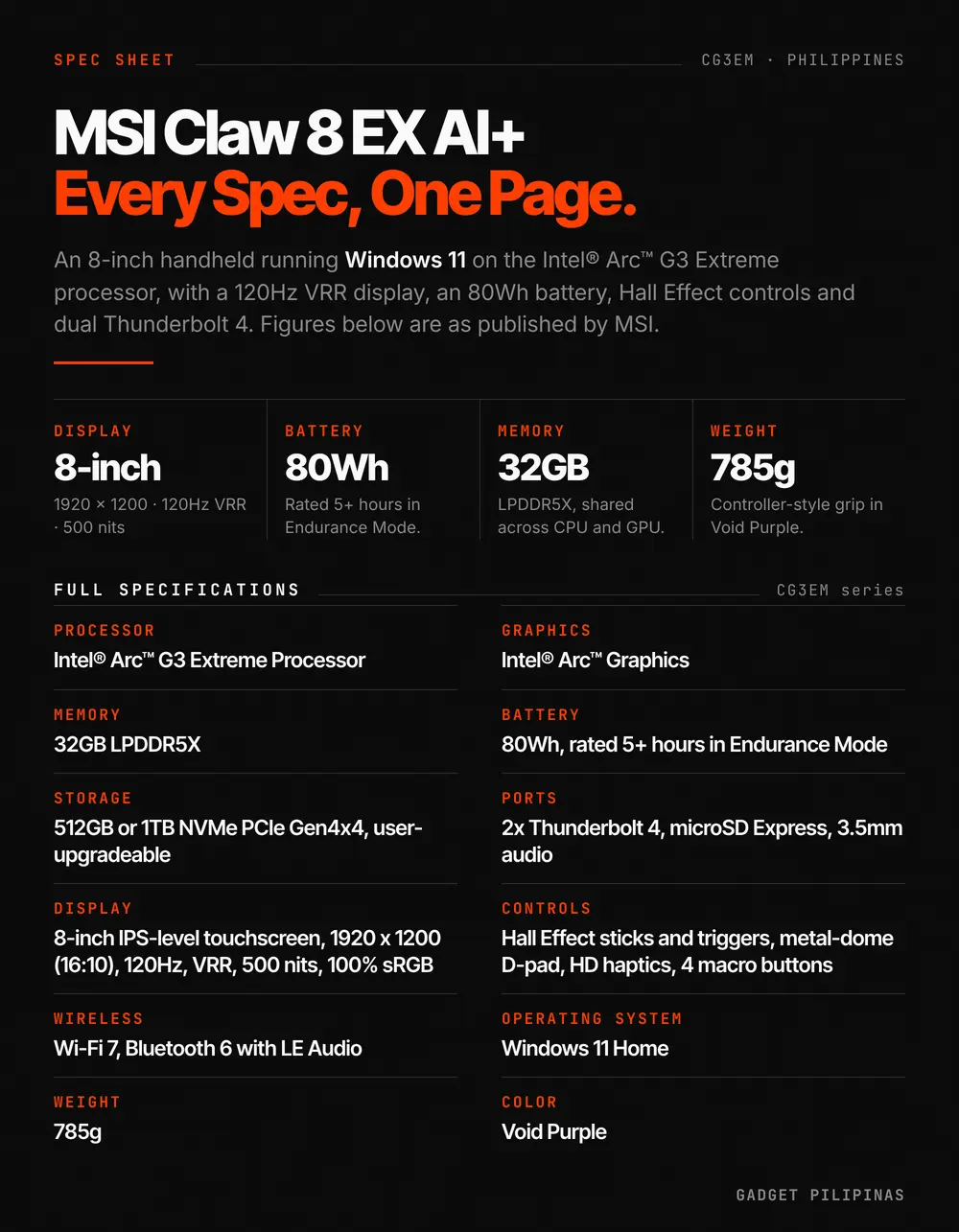 msi claw 8 ex spec sheet new