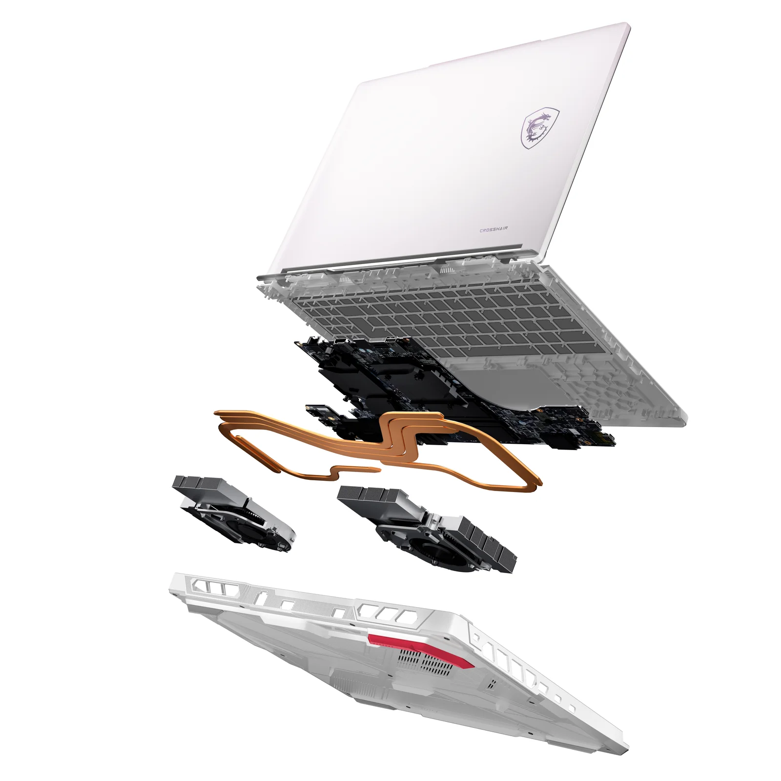 Exploded view of the Cooler Boost system with two fans and five copper heat pipes