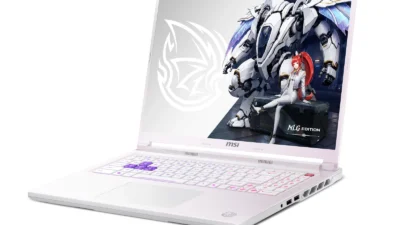 MSI Crosshair A16 HX MLG Edition gaming laptop in Stellar White with the lid open
