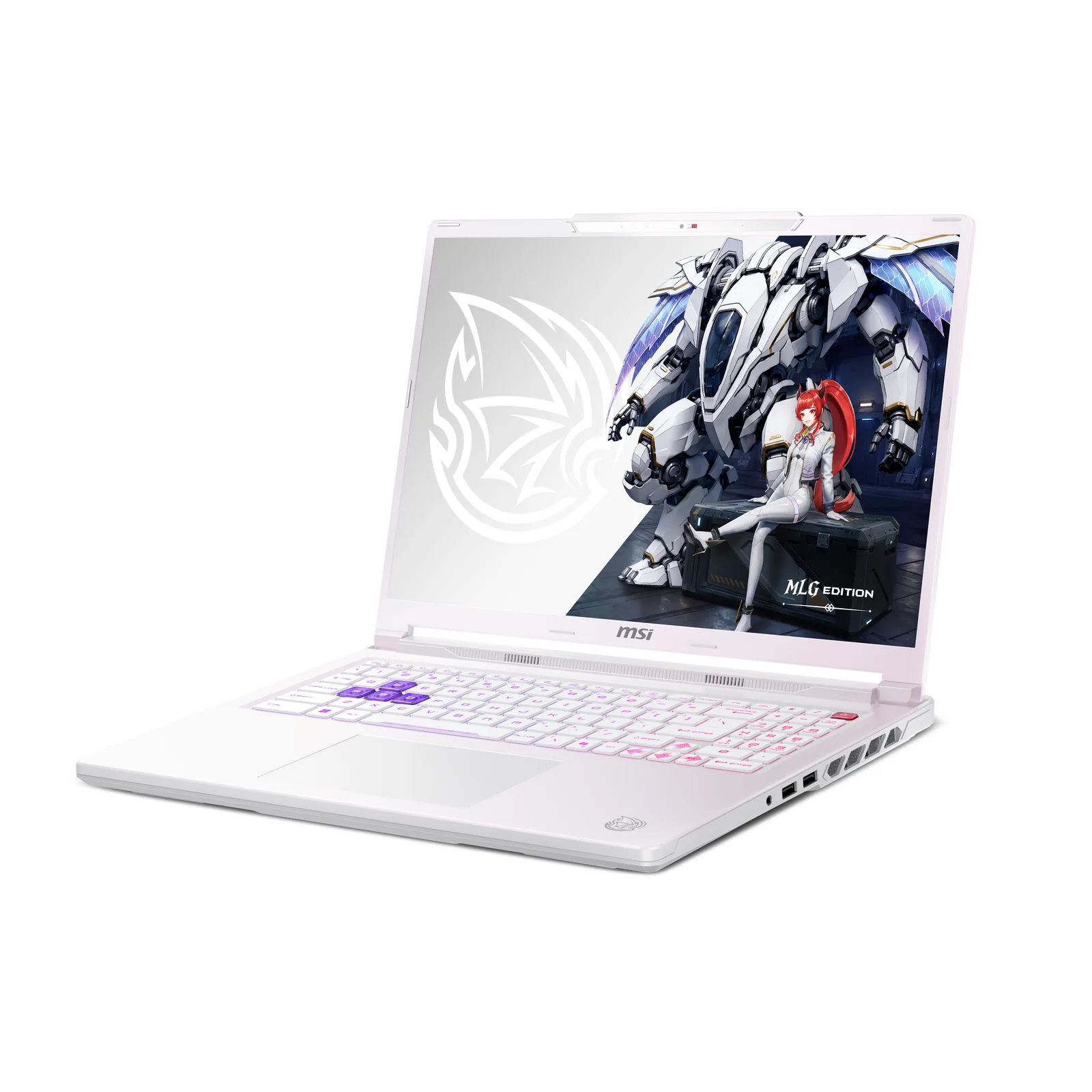 MSI Crosshair A16 HX MLG Edition gaming laptop in Stellar White with the lid open