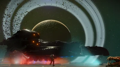 A biomechanical corvette added in the No Man's Sky Forsaken update, parked on a station landing pad