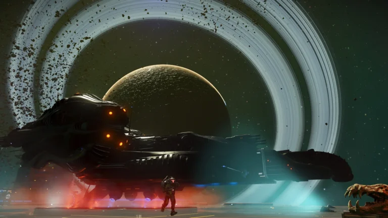A biomechanical corvette added in the No Man's Sky Forsaken update, parked on a station landing pad