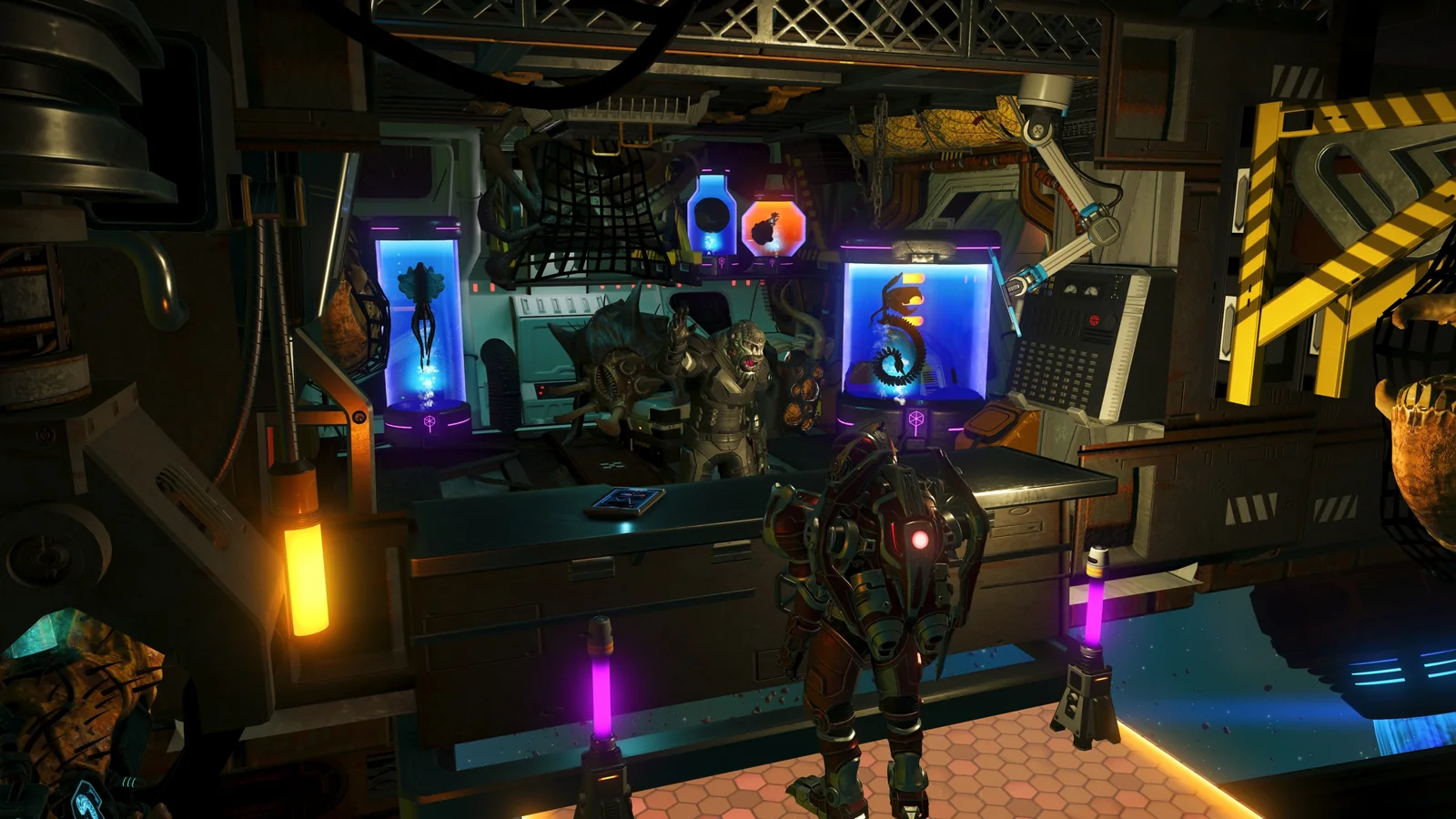 A forsaken trader outpost in No Man's Sky with caged alien specimens and salvage for barter