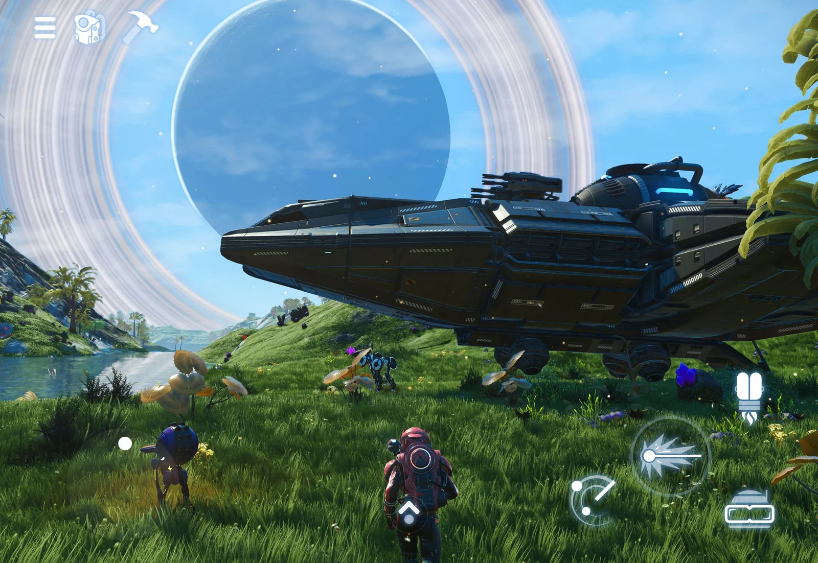 A No Man's Sky traveler beside a landed starship on a grassy alien planet, with mobile touch controls on screen, as brought to iOS by Hello Games