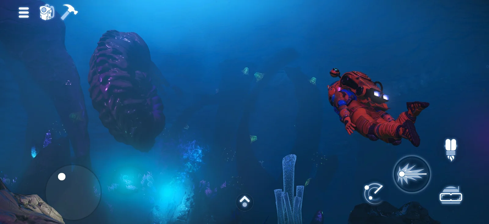 A No Man's Sky diver swimming through a bright alien ocean with bioluminescent plants on iPhone