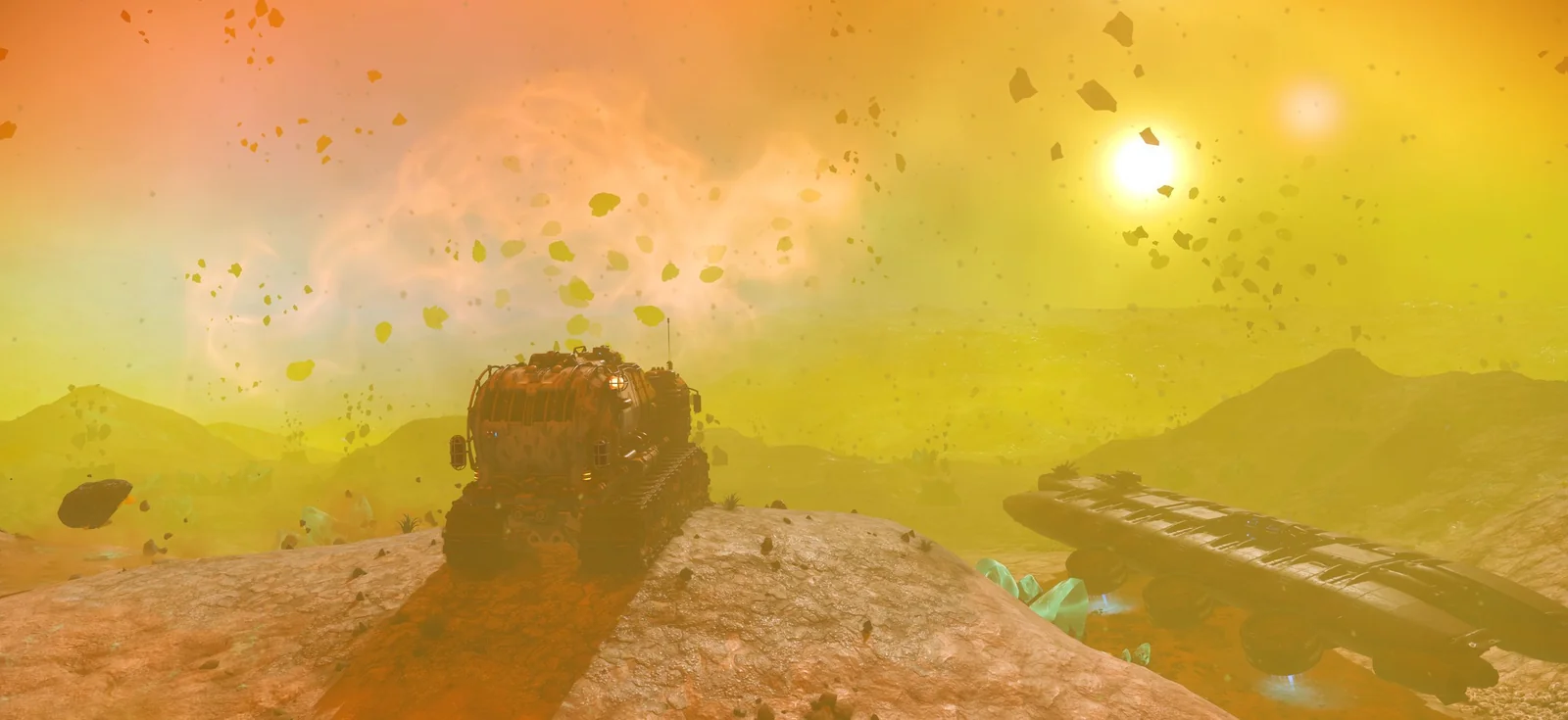 An exocraft rover crossing a rocky alien world beneath a golden gas giant on iPhone