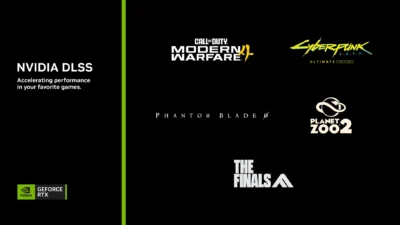 NVIDIA DLSS 4.5 banner listing the Cyberpunk 2077 DLSS update alongside Call of Duty: Modern Warfare 4 and Phantom Blade Zero