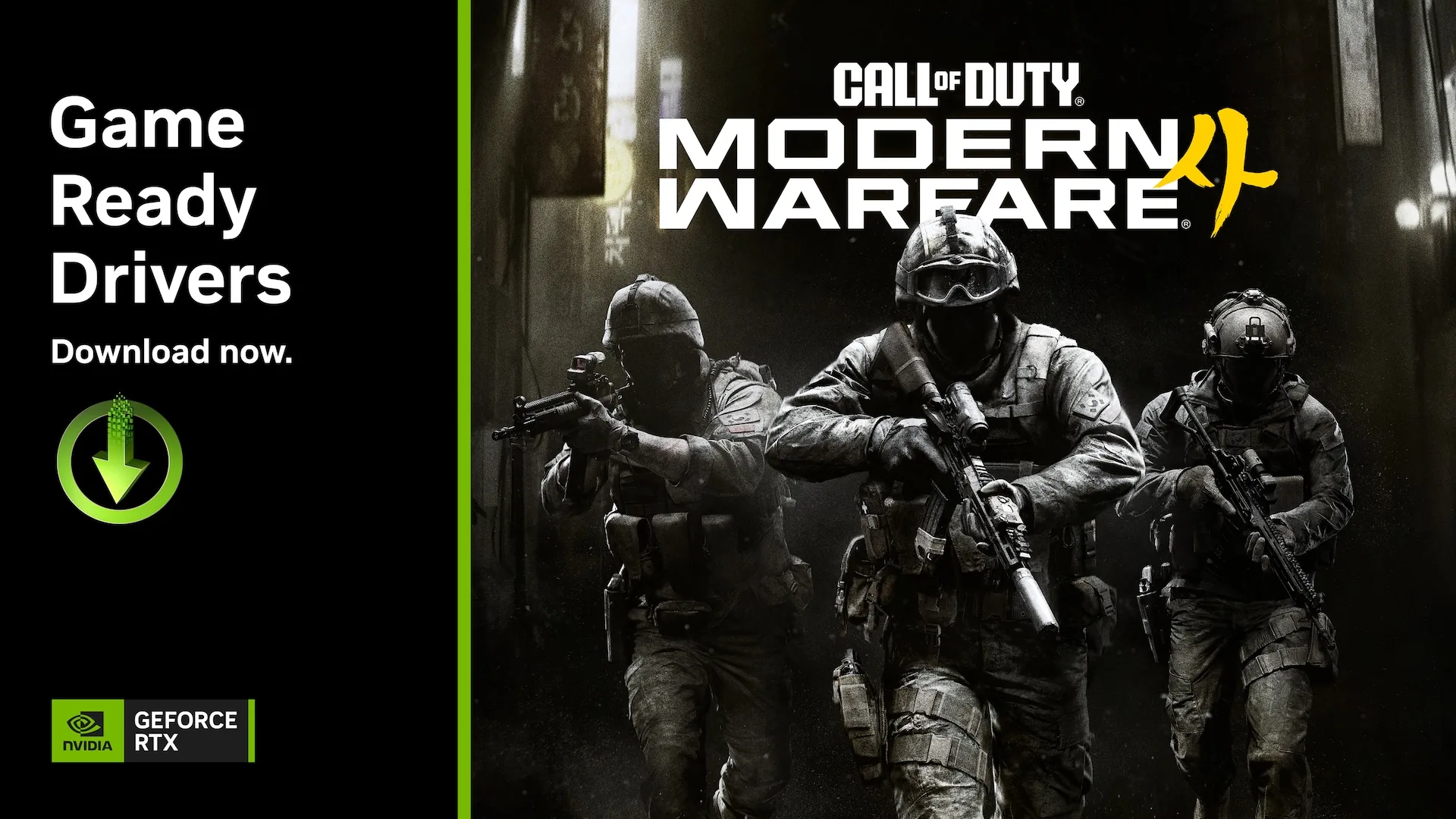NVIDIA Game Ready Driver download card featuring art from Call of Duty: Modern Warfare 4
