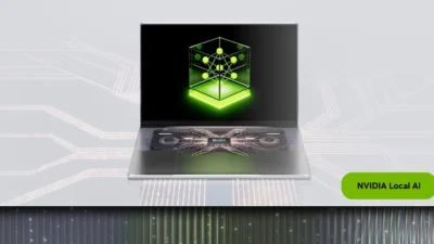 NVIDIA Local AI graphic of a slim laptop with a green neural network cube, part of the RTX Spark software updates announced in October