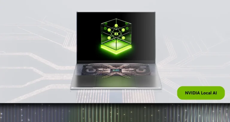 NVIDIA Local AI graphic of a slim laptop with a green neural network cube, part of the RTX Spark software updates announced in October