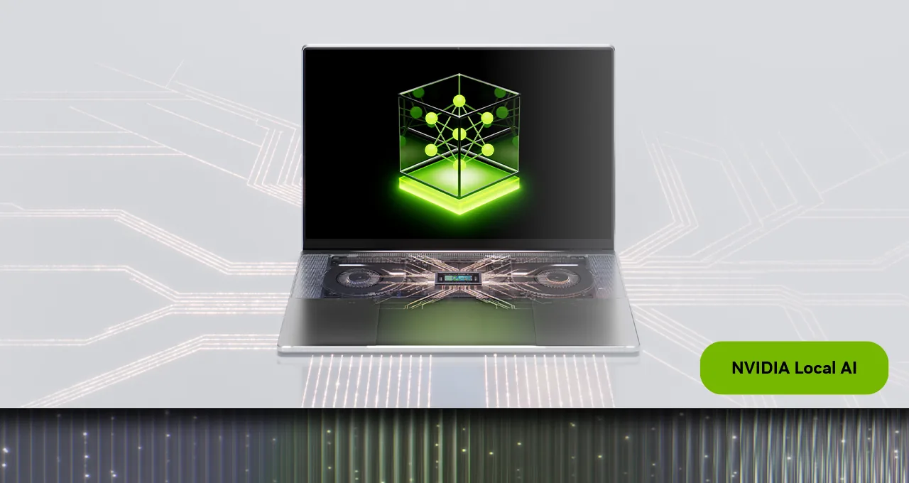NVIDIA Local AI graphic of a slim laptop with a green neural network cube, part of the RTX Spark software updates announced in October