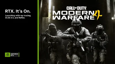 Call of Duty: Modern Warfare 4 key art with three operators next to NVIDIA GeForce RTX branding for DLSS 4.5, ray tracing, and Reflex