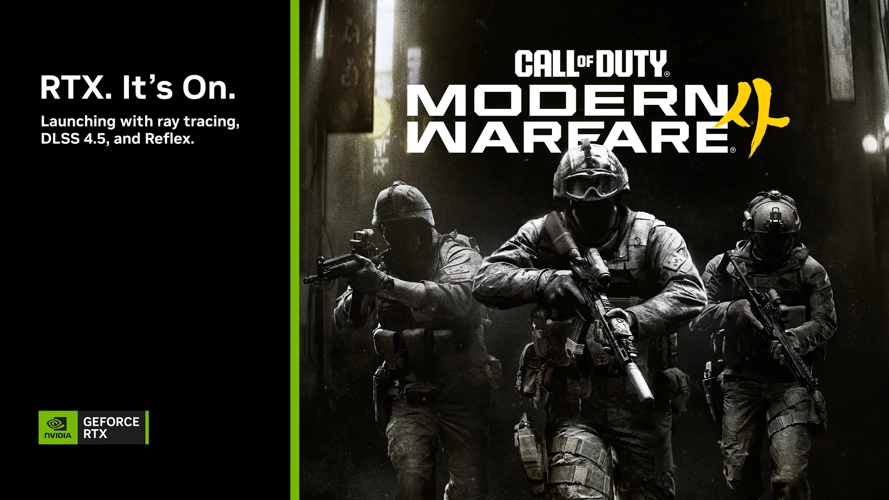 Call of Duty: Modern Warfare 4 key art with three operators next to NVIDIA GeForce RTX branding for DLSS 4.5 and Reflex