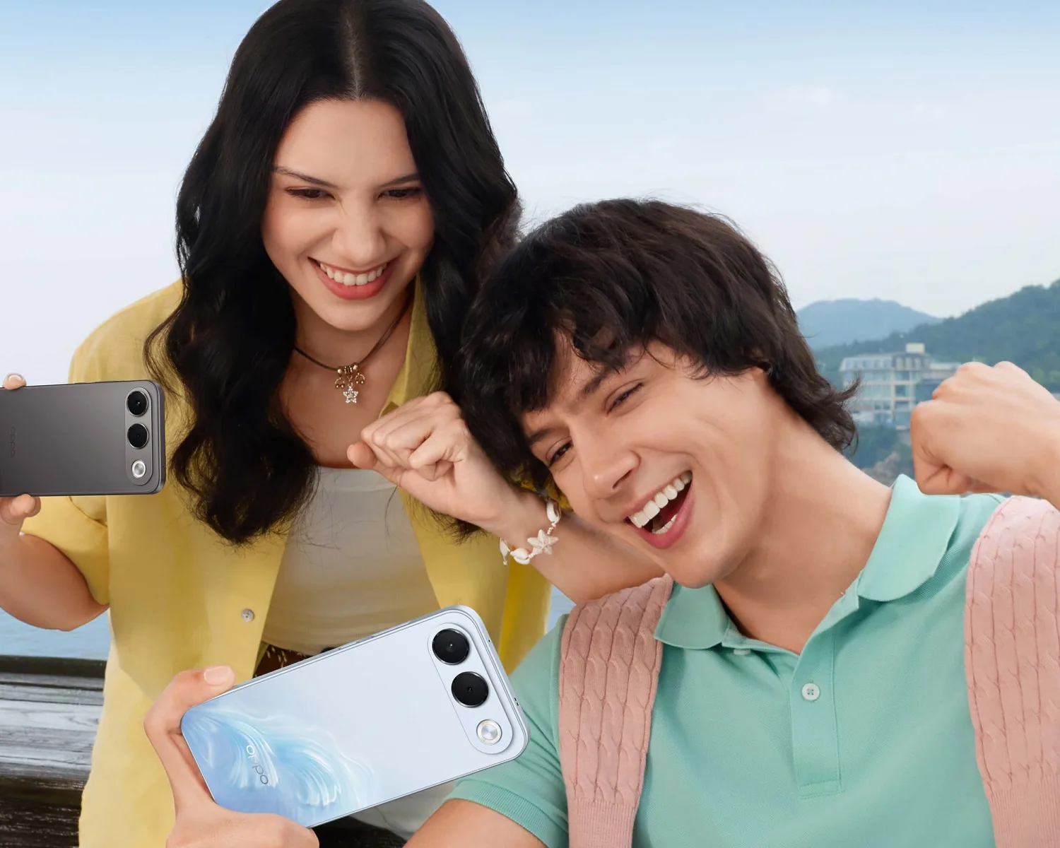 OPPO A7 Pro 5G phones in dark and light finishes held by two people outdoors