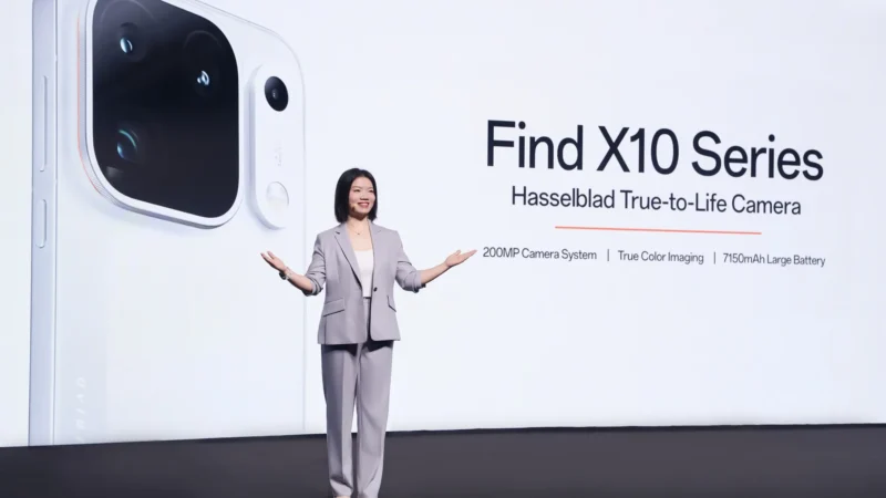 Ling Liu on stage presenting the OPPO Find X10 Series at the global launch in Mallorca