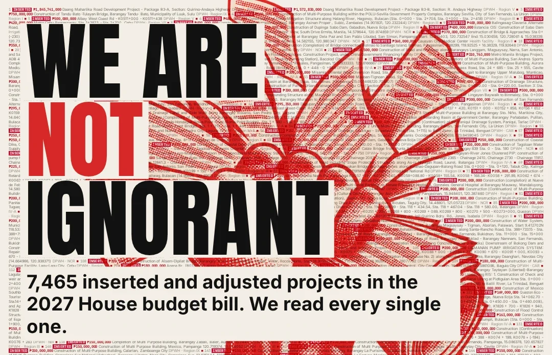 BetterGovPH poster headline We Are Not Ignorant over a list of 7,465 inserted and adjusted projects in the 2027 House budget bill