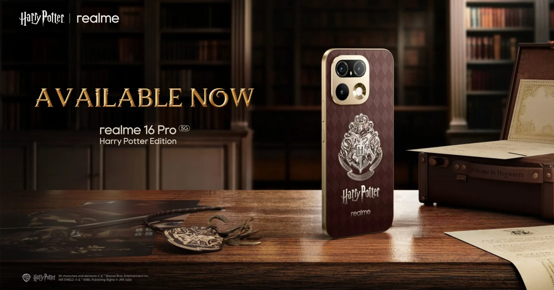 realme 16 Pro 5G Harry Potter Edition price and availability key visual showing the Magic Brown phone with its Hogwarts crest and trunk