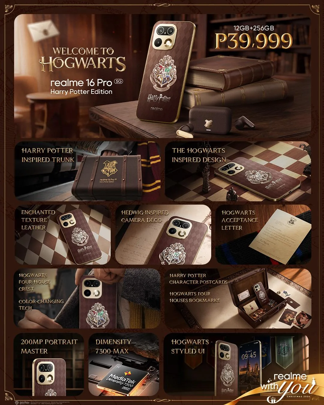 Feature grid for the realme 16 Pro 5G Harry Potter Edition showing the trunk, crest and 200MP camera at PhP39,999