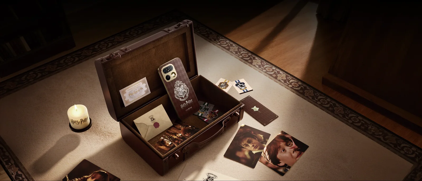 Limited edition gifting box of the realme 16 Pro 5G Harry Potter Edition, styled as a Hogwarts trunk