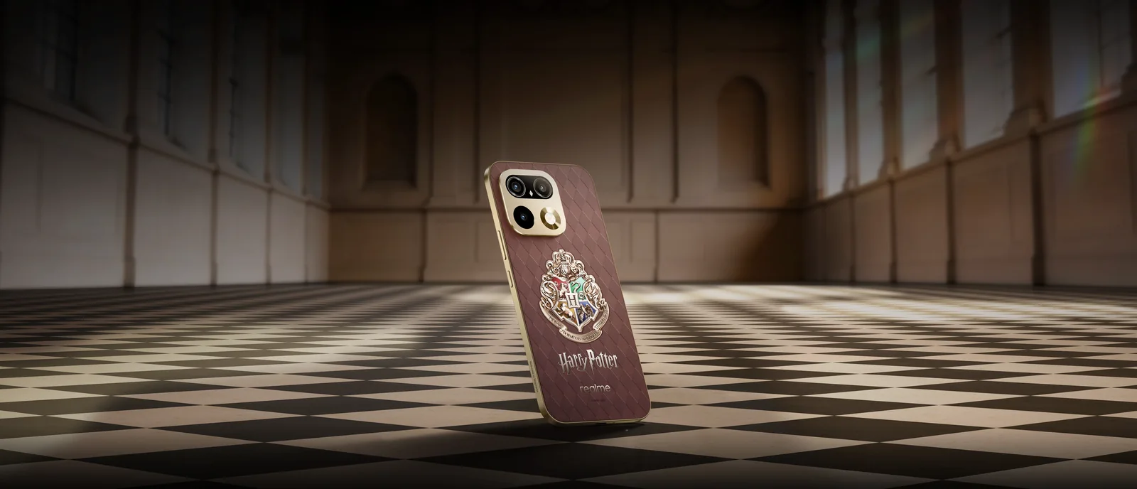 realme 16 Pro 5G Harry Potter Edition back panel with the Quadra light-sensing color-changing crest