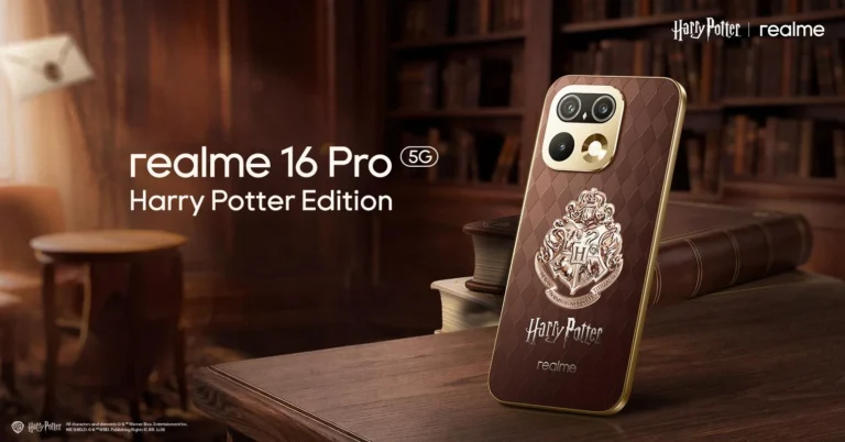realme 16 Pro 5G Harry Potter Edition teaser key visual on a Hogwarts-style wooden desk