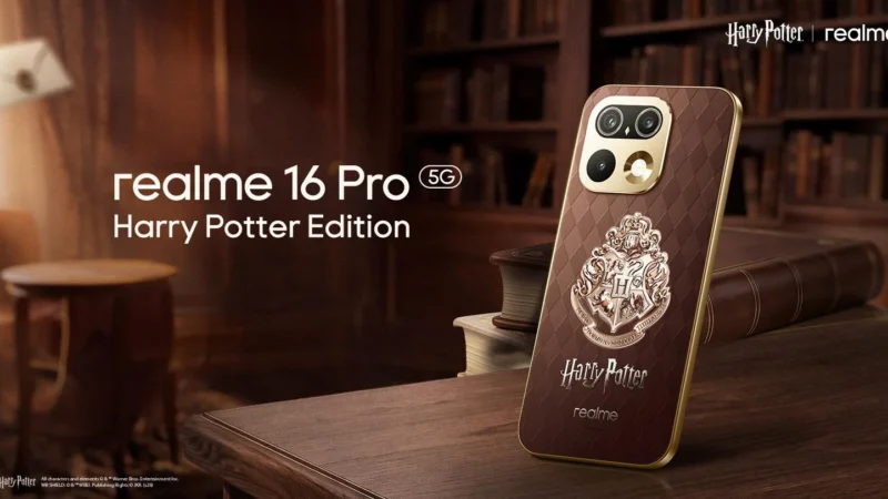 realme 16 Pro 5G Harry Potter Edition teaser key visual on a Hogwarts-style wooden desk