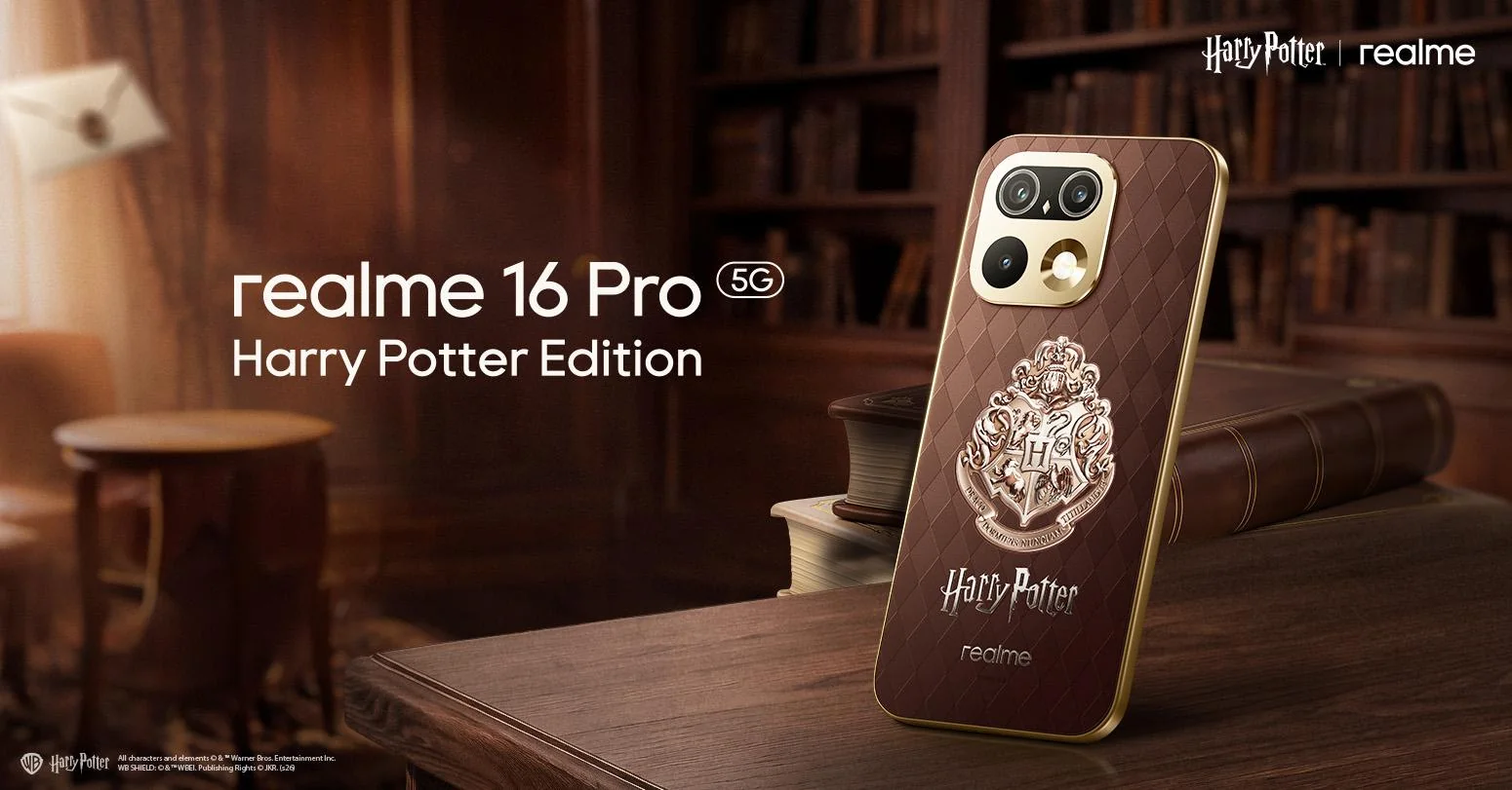 realme 16 Pro 5G Harry Potter Edition teaser key visual on a Hogwarts-style wooden desk