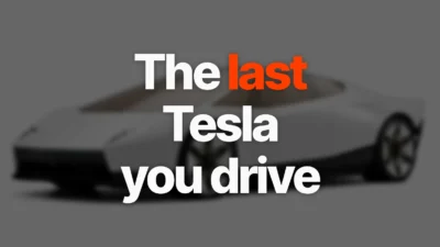 Featured card reading 'The last Tesla you drive' over a studio shot of the new Tesla Roadster