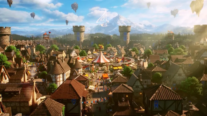 RuneScape 4 concept teaser art from RuneFest 2026 showing a fantasy town, floating islands and a dragon rider