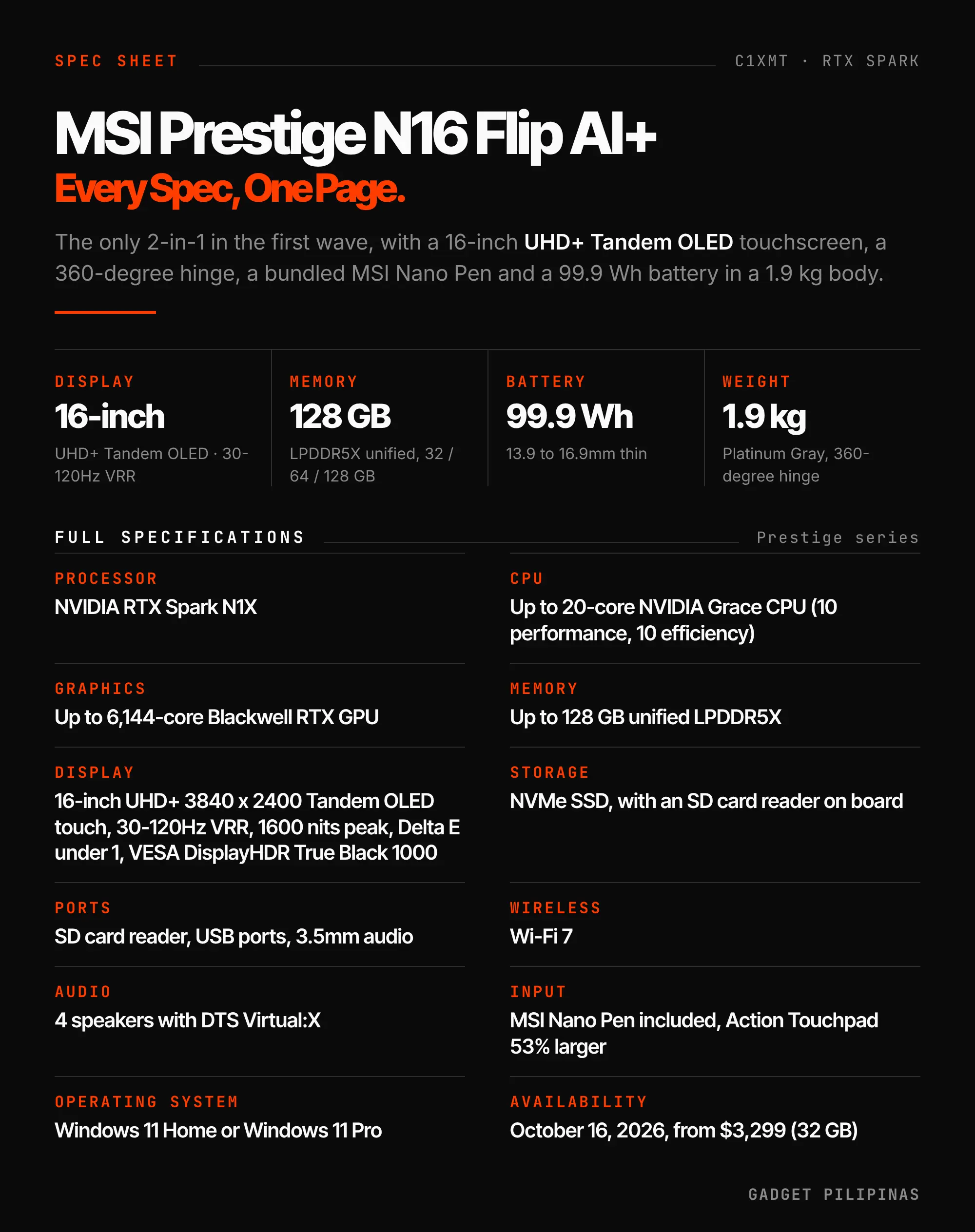 MSI Prestige N16 Flip AI+ full specifications, an RTX Spark laptop